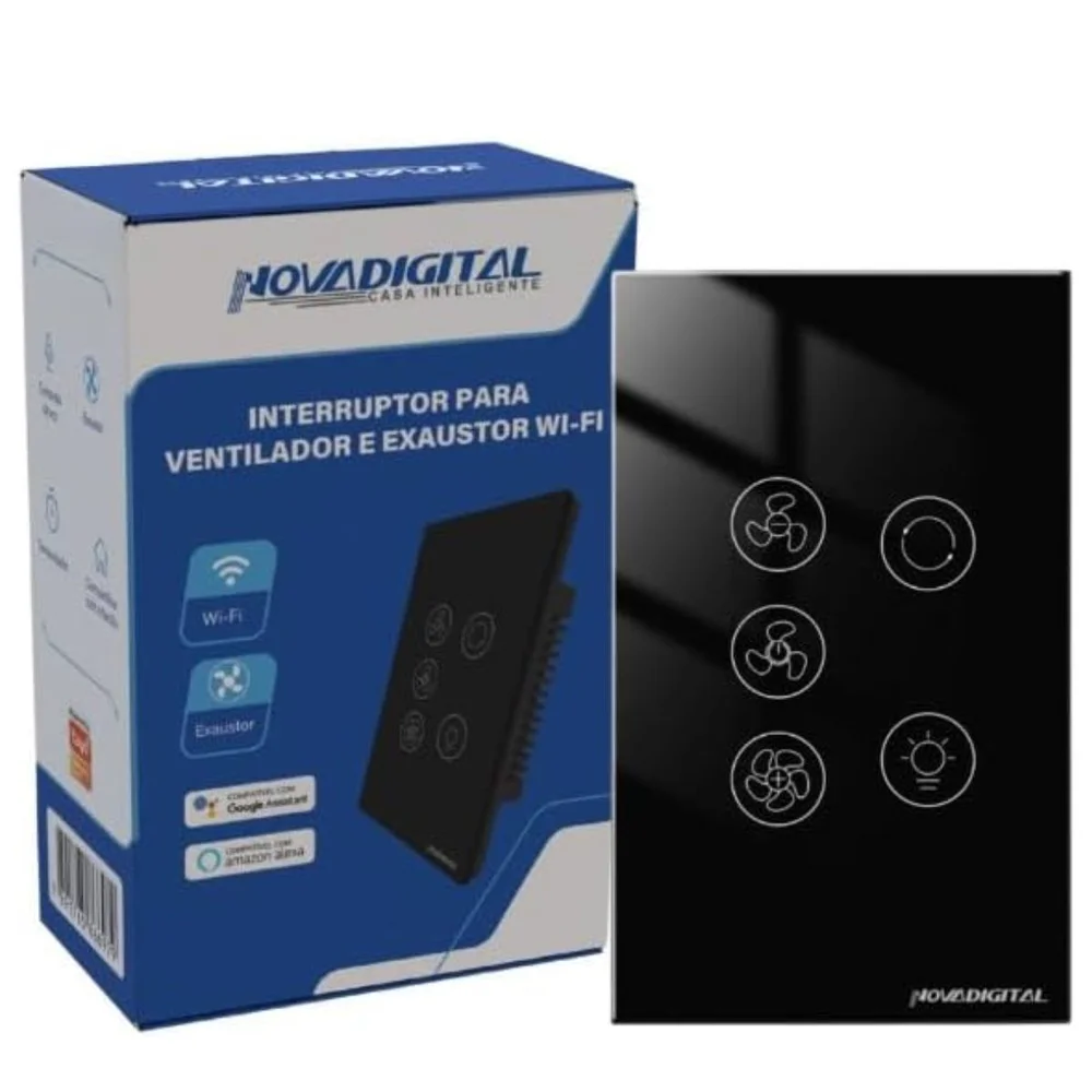 Interruptor Inteligente para Ventilador e Exaustor Nova Digital Wi-Fi Compatível com Alexa Google Smart Life e Tuya - Preto