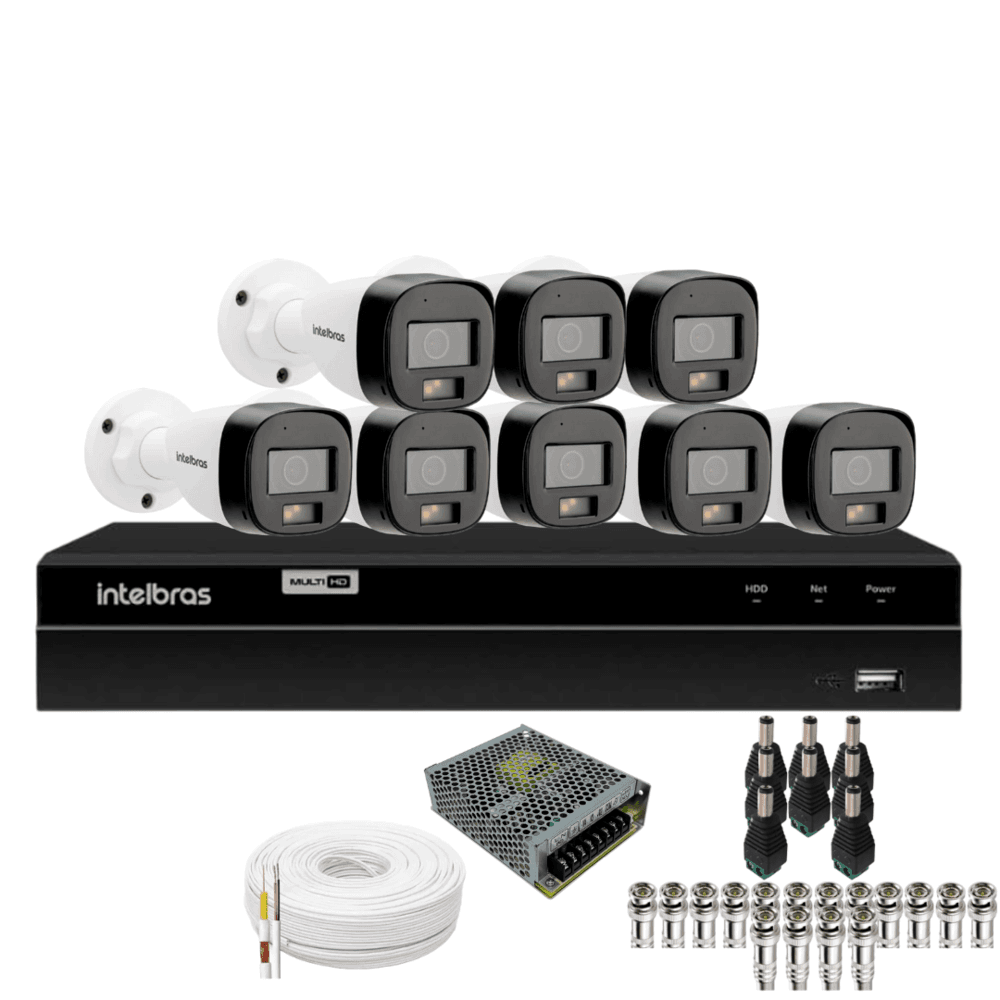Kit 8 Câmeras Intelbras Bullet 3220b Full Color Com Áudio Dvr Intelbras 1216-c Mhdx Com Acesso Remoto Sem Hd