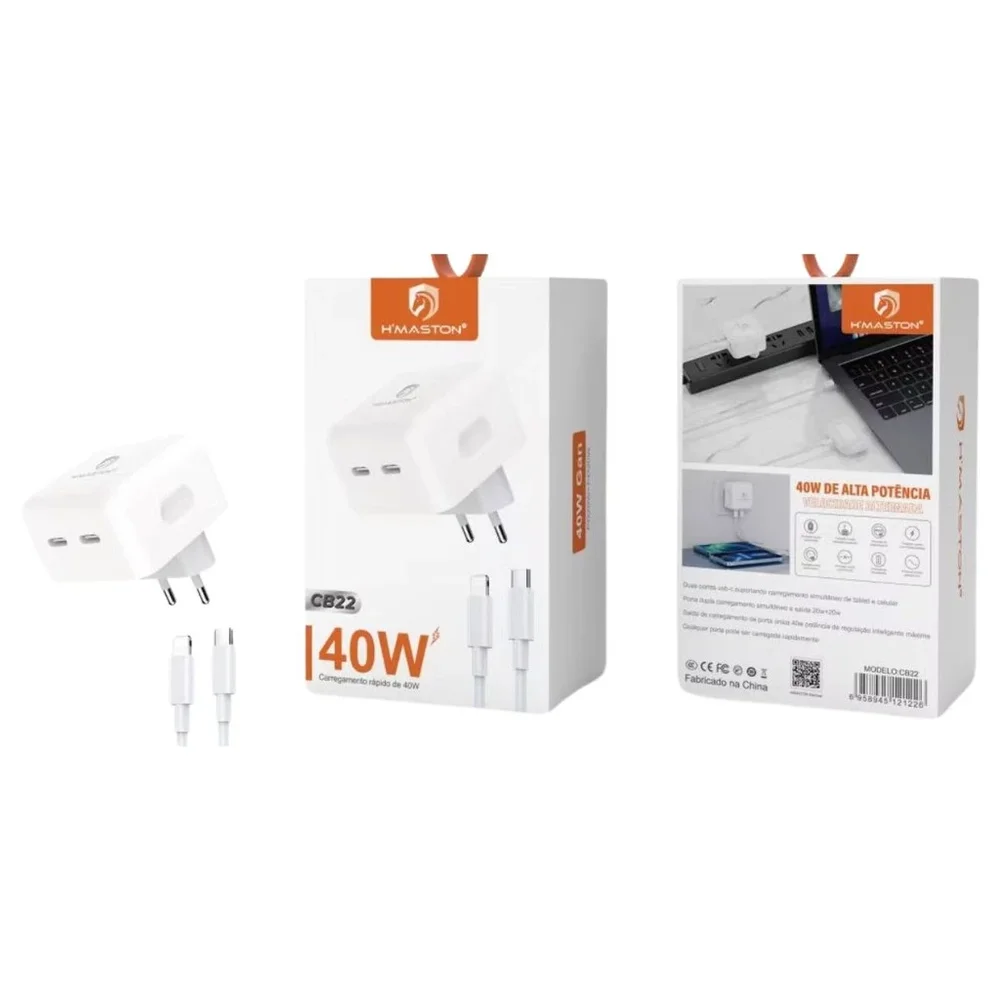 Carregador H'maston Cb22 40w 2 Usb-c C/ Cabos Ios E Type-c