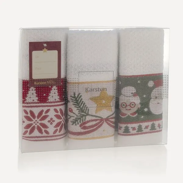 Kit Pano de Prato 3 Peças com barra bordada Natalino Branco