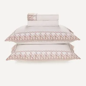 Jogo de Cama Casal 200 Fios Bordado Antônia Branco/Rosa