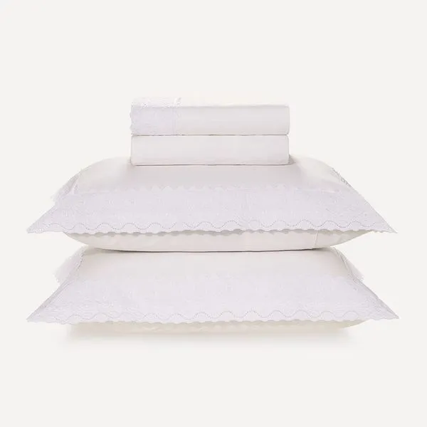 Jogo de Cama Casal 200 Fios Bordado Antônia Branco/Branco