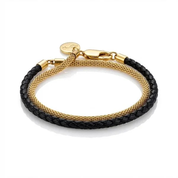 Pulseira Lancaster de Couro Preto e Malha Dourada Preto/dourado Ajustável