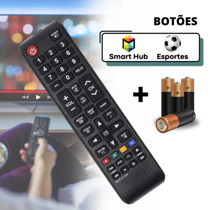 Controle Remoto Compatível com Samsung Smart TV Smart Hub e Pilhas