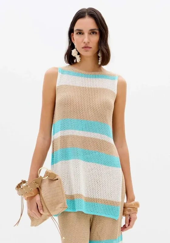 Blusa Sem Mangas Alongada Tricô Azul P