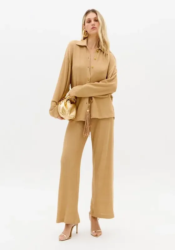 Calça Wide Leg Cintura Alta Com Barbicachos Bege P