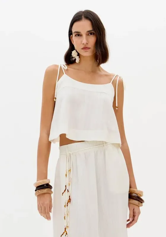 Blusa Curta De Alças Com Linho Branco GG