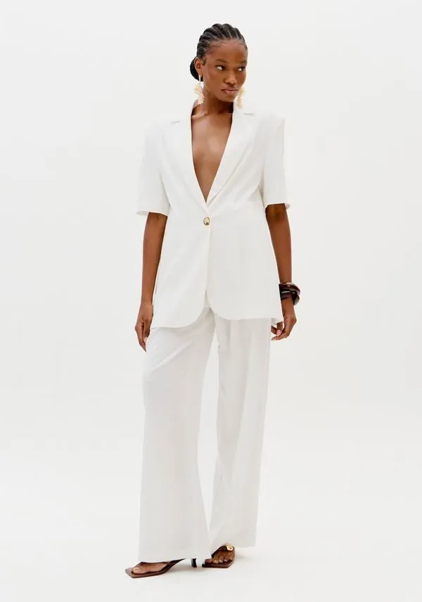 Calça Wide Leg Cós Elástico Com Linho Branco GG