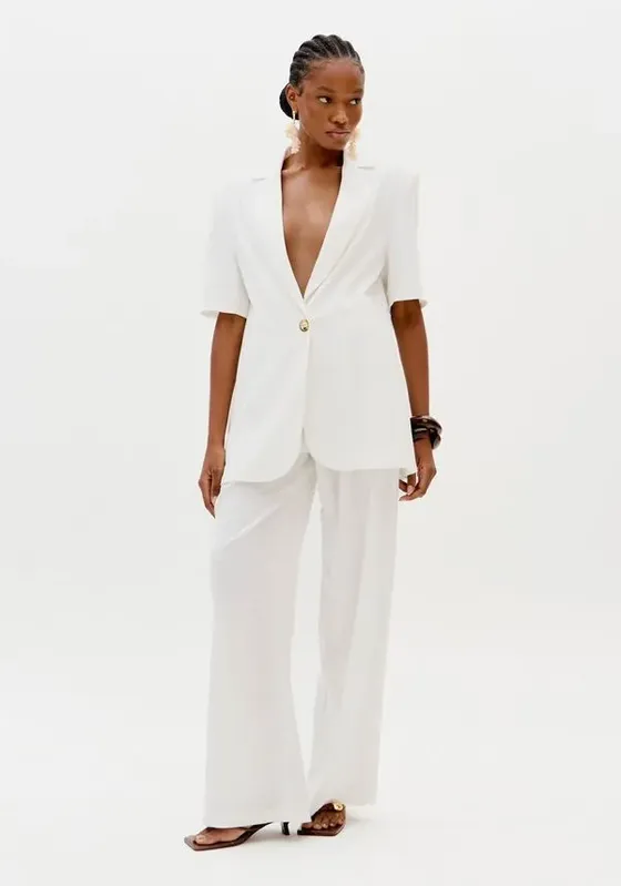 Calça Wide Leg Cós Elástico Com Linho Branco GG