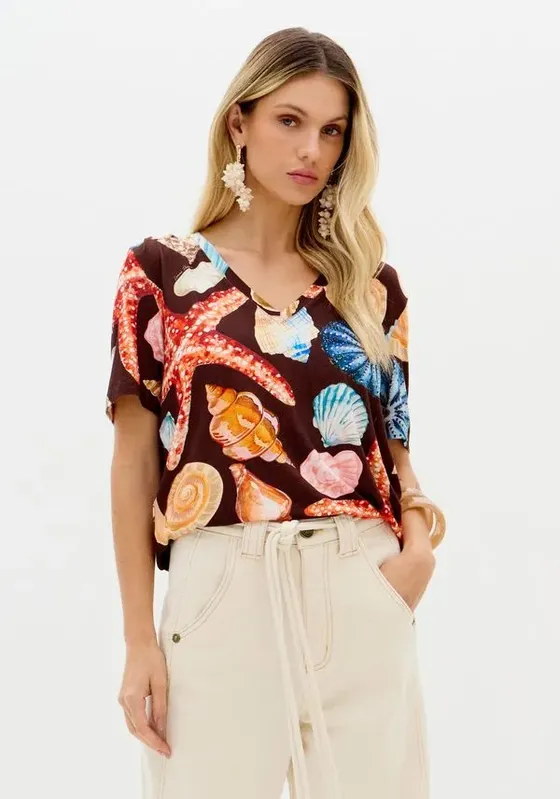 Blusa Decote V Estampada Marrom P