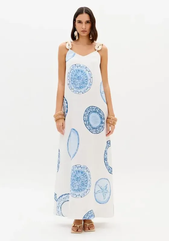 Vestido Longo Estampado Decote V Branco GG