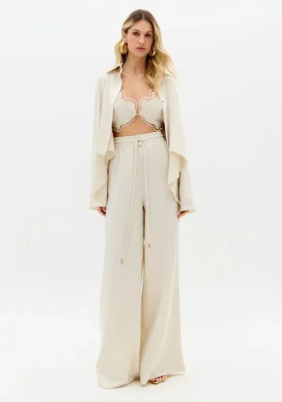 Calça Wide Leg Cintura Alta Com Cordão Bege P