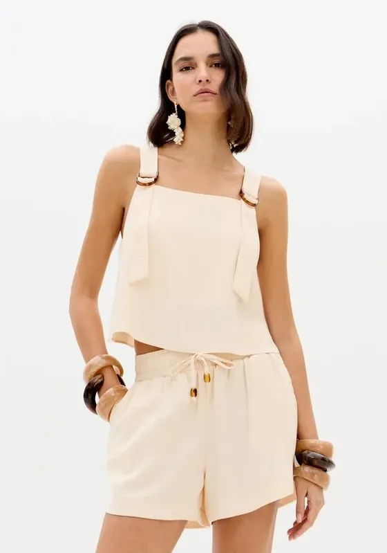 Blusa Curta De Alças Com Argolas Bege G