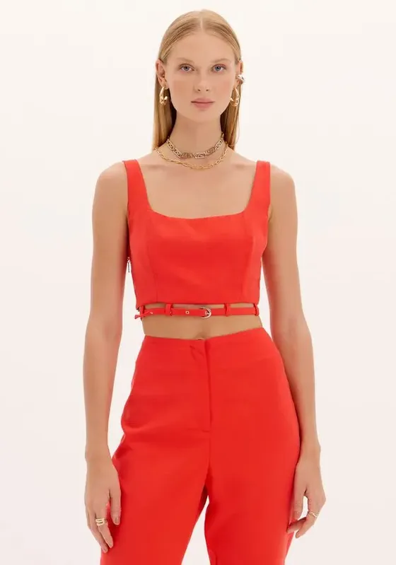 Blusa Cropped Com Cinto Vermelho GG