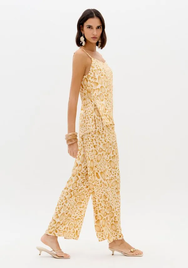 Calça Wide Leg Amarração Cós Amarelo P