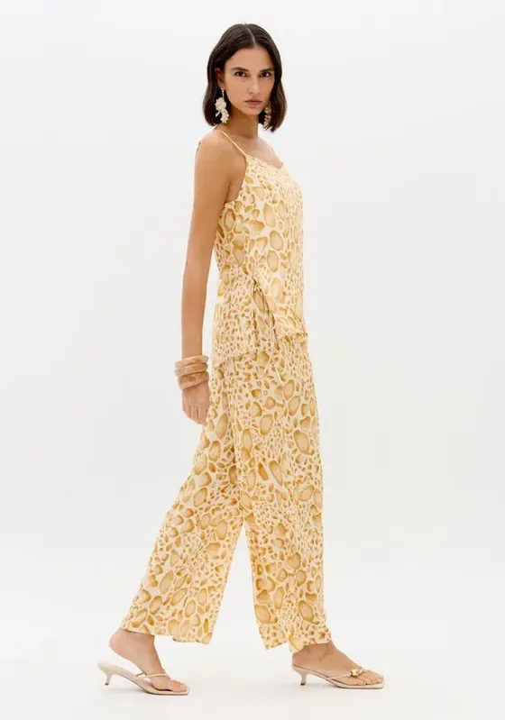Calça Wide Leg Amarração Cós Amarelo P