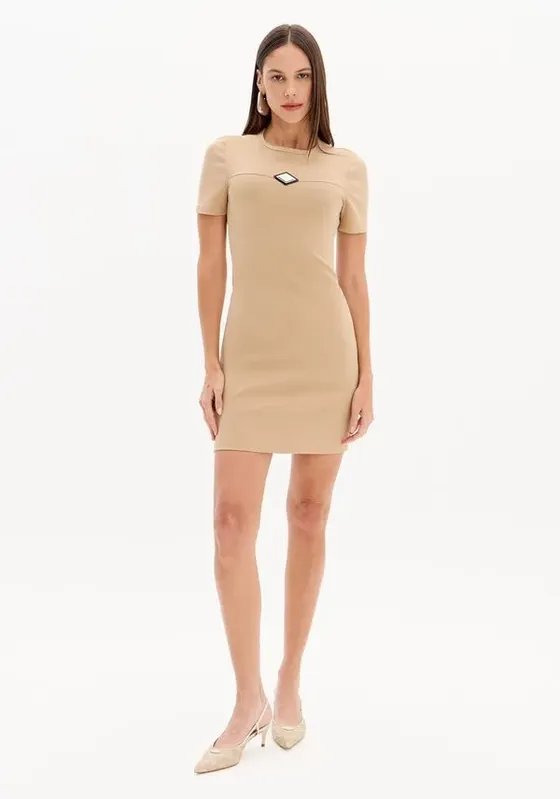 Vestido Justo Manga Curta Com Enfeite Bege G