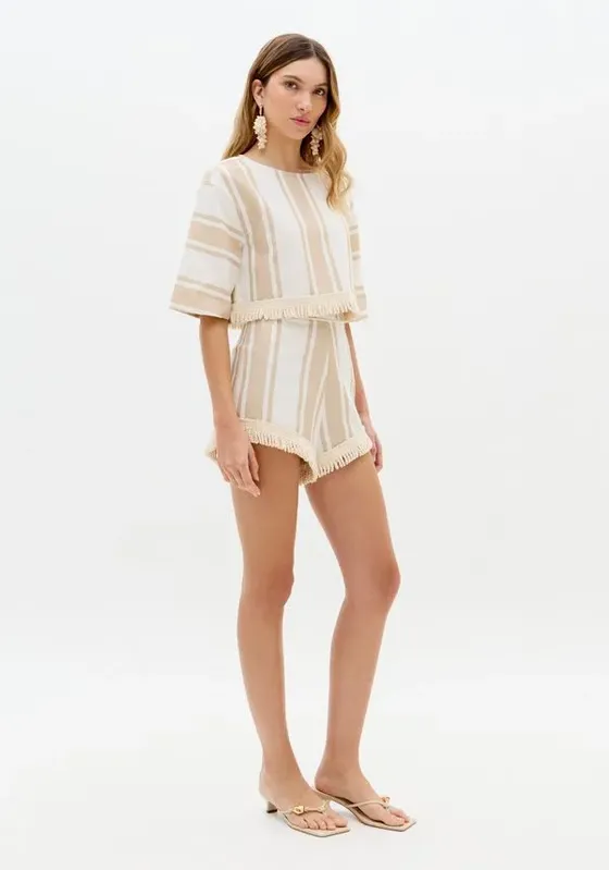 Short Hot Pants Com Franjas Bege M