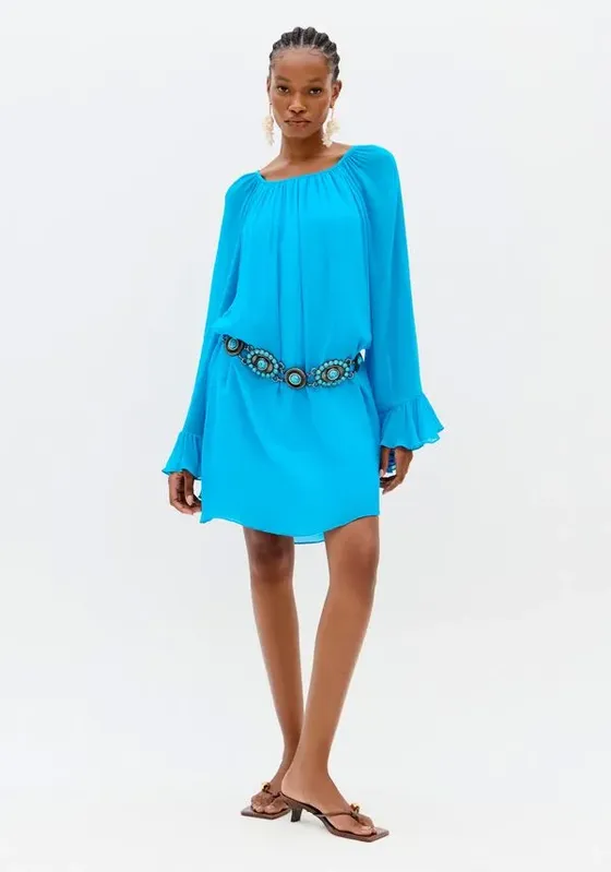 Vestido Curto Amplo Manga Longa Azul G
