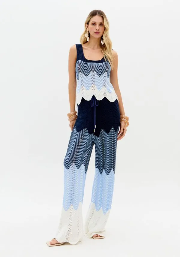 Calça Reta De Cintura Alta Tricô Azul P