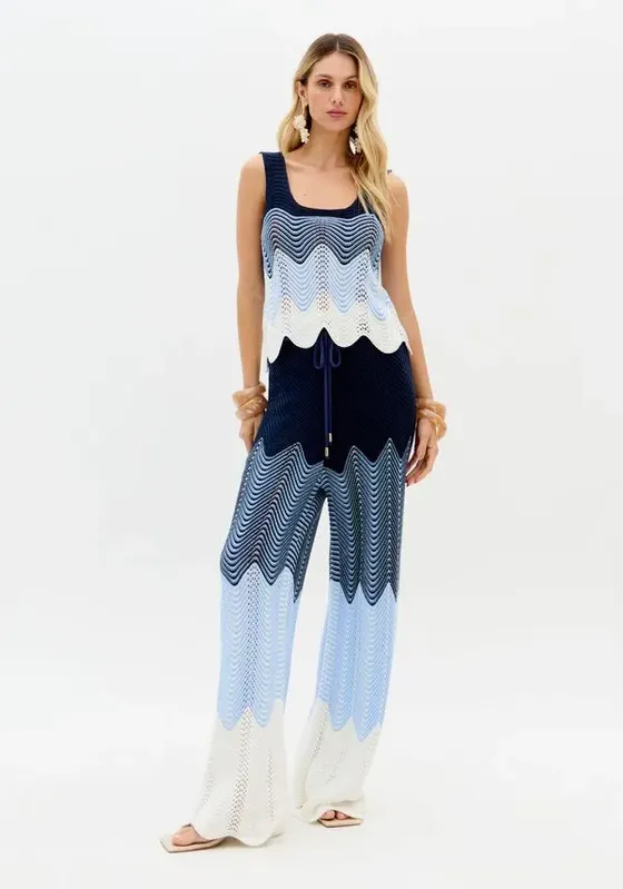 Calça Reta De Cintura Alta Tricô Azul P