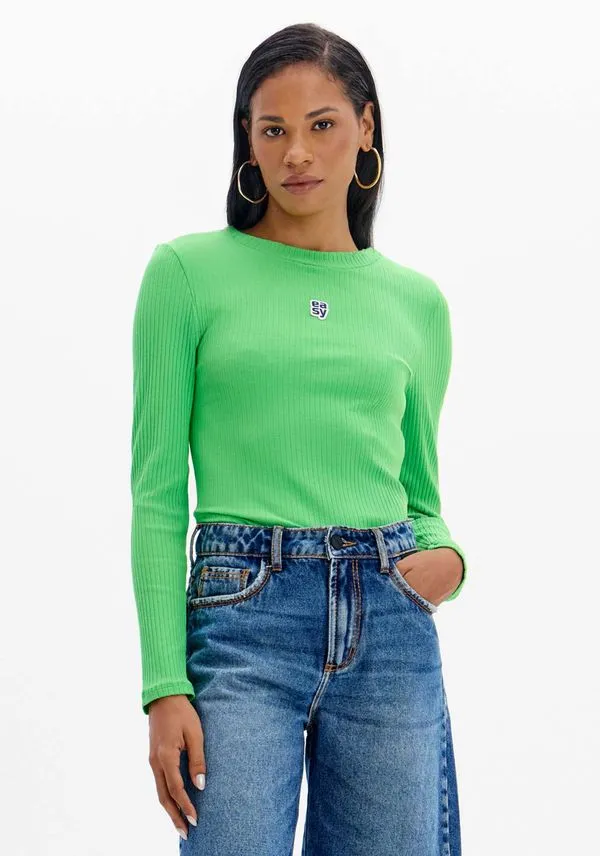 Blusa Canelada Manga Longa Com Logo Frontal Verde G
