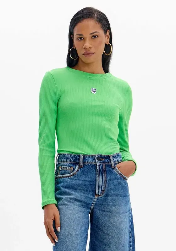 Blusa Canelada Manga Longa Com Logo Frontal Verde G