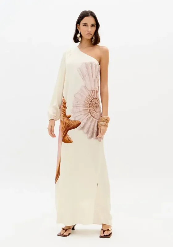 Vestido Manga Única Estampado Bege G