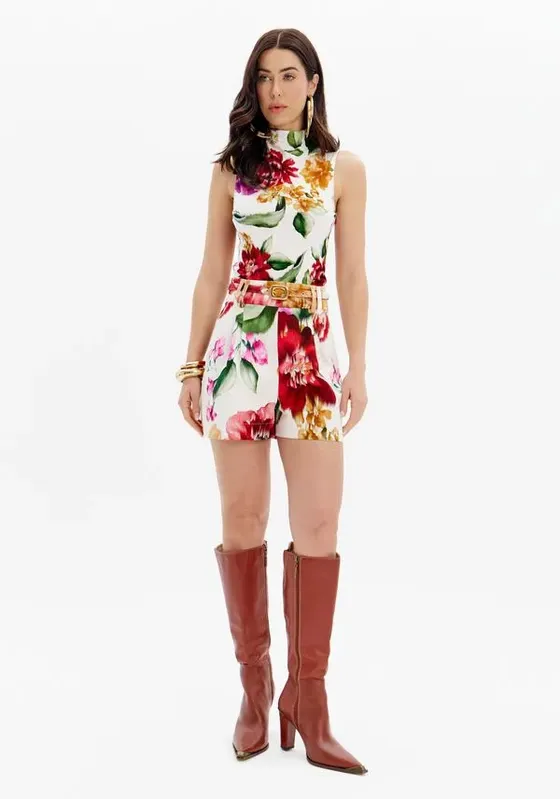 Short Evasê Cintura Alta Estampado Com Cinto Bege M