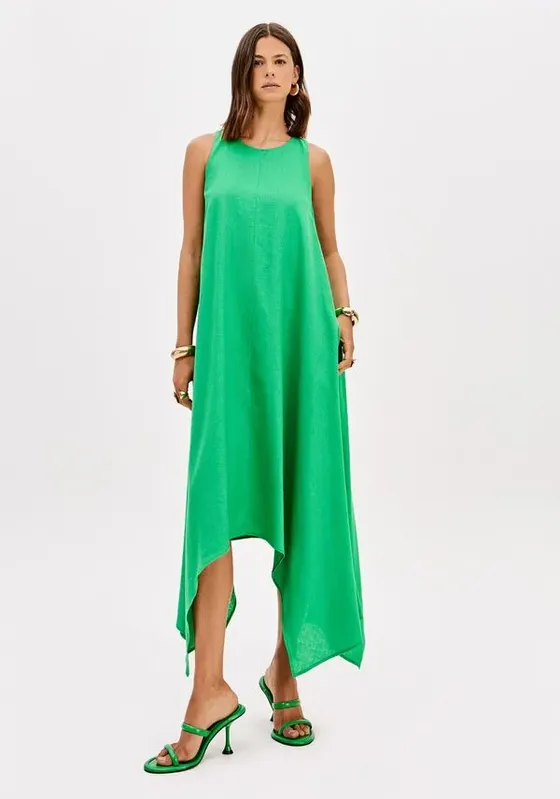 Vestido Super Midi Assimétrico Com Linho Verde G