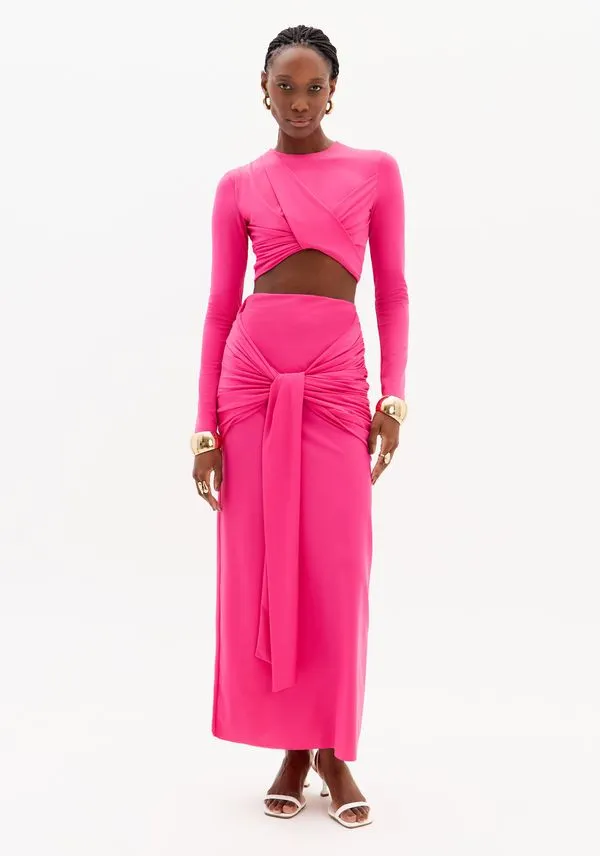 Saia Super Midi Cintura Alta Amarração Rosa P
