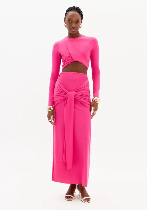 Saia Super Midi Cintura Alta Amarração Rosa P