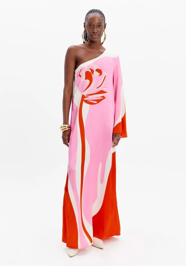 Vestido Super Midi Ombro Único Estampado Rosa P