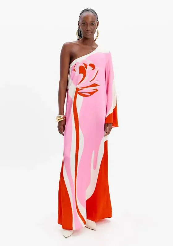 Vestido Super Midi Ombro Único Estampado Rosa P