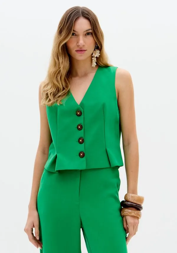 Colete Curto Decote V Verde M