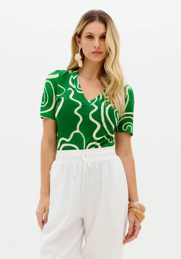 Blusa Canelada Estampada Manga Curta Verde P