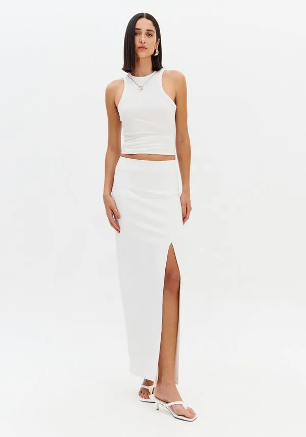 Saia Super Midi Cintura Alta Com Fenda Branco M