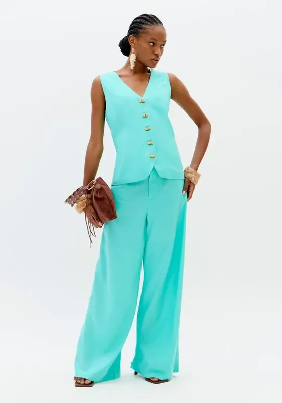 Calça Wide Leg Cintura Alta Com Linho Azul PP