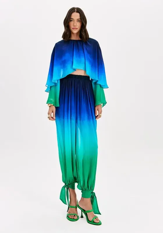 Calça Alladin Estampada Cintura Alta Azul M