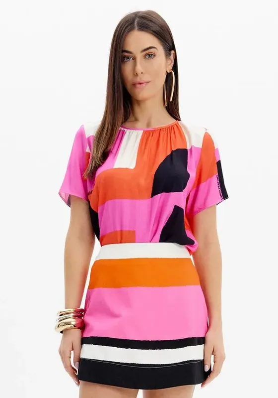 Blusa Manga Curta Estampada Descolada Rosa M