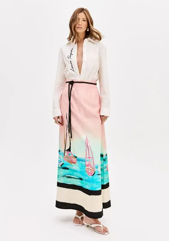 Saia Super Midi Evasê Estampada Rosa G