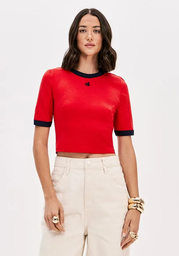 Blusa Manga Curta Com Bordado Vermelho G