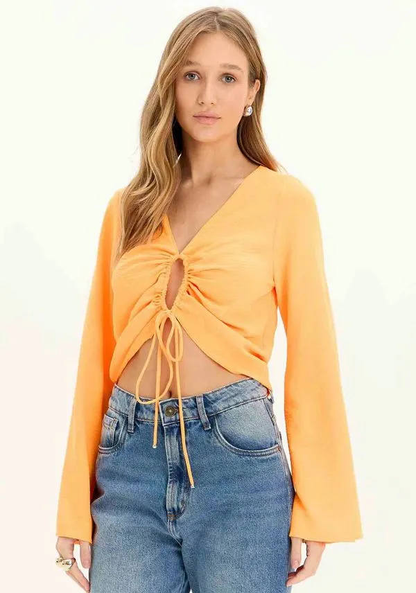 Blusa Com Amarração Manga Flare Laranja M