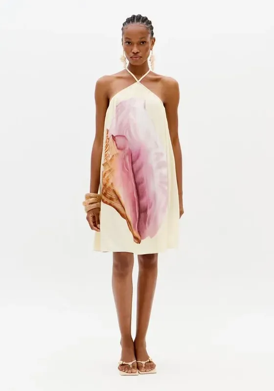 Vestido Curto Estampado Frente Única Bege M