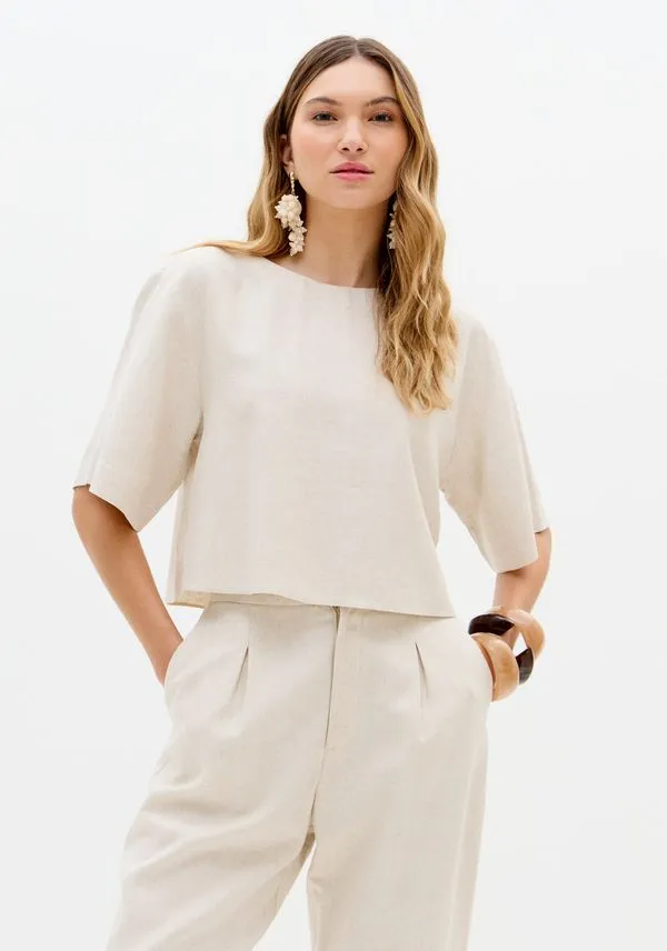Blusa Mangas Curtas Com Linho Branco P