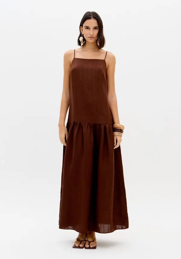 Vestido Longo De Alças Com Linho Marrom P