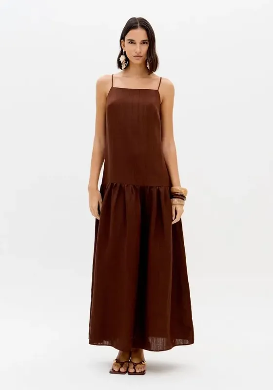 Vestido Longo De Alças Com Linho Marrom P