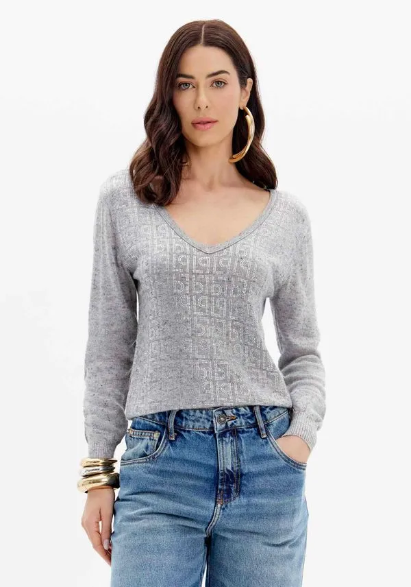 Blusa Tricot Com Aplicação E Decote V Cinza P