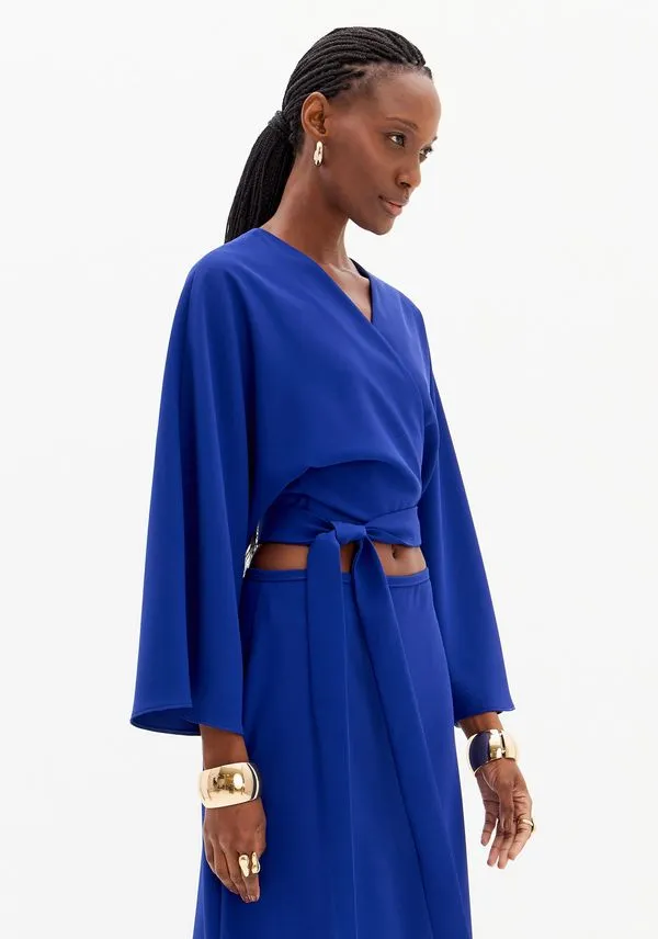 Blusa Curta De Manga Longa Com Amarração Azul P