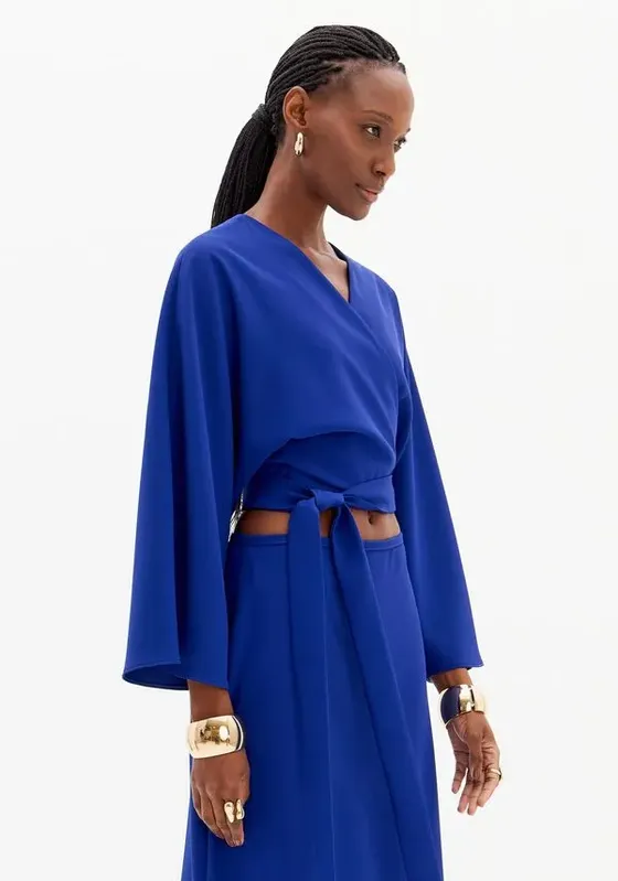 Blusa Curta De Manga Longa Com Amarração Azul M